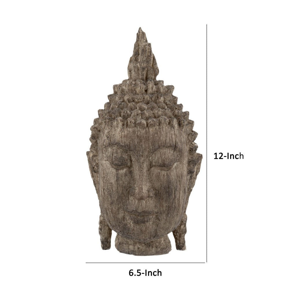 BENZARA 12 Inch Buddha Head Sculpture, Calming Accent Decoration, Polyresin, Brown - BM285008