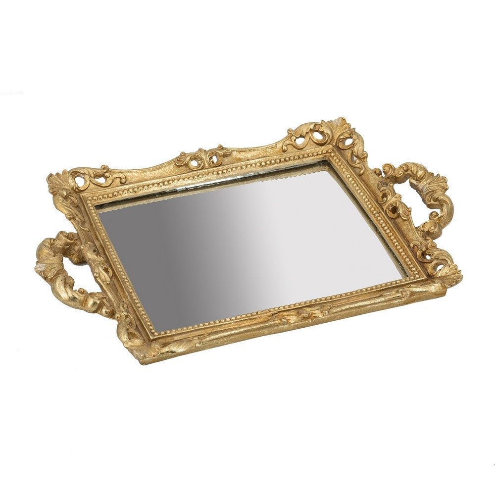 BENZARA 16 Inch Serving Tray, Decorative, Mirrored Bottom, Carved Gold Frame - BM285017