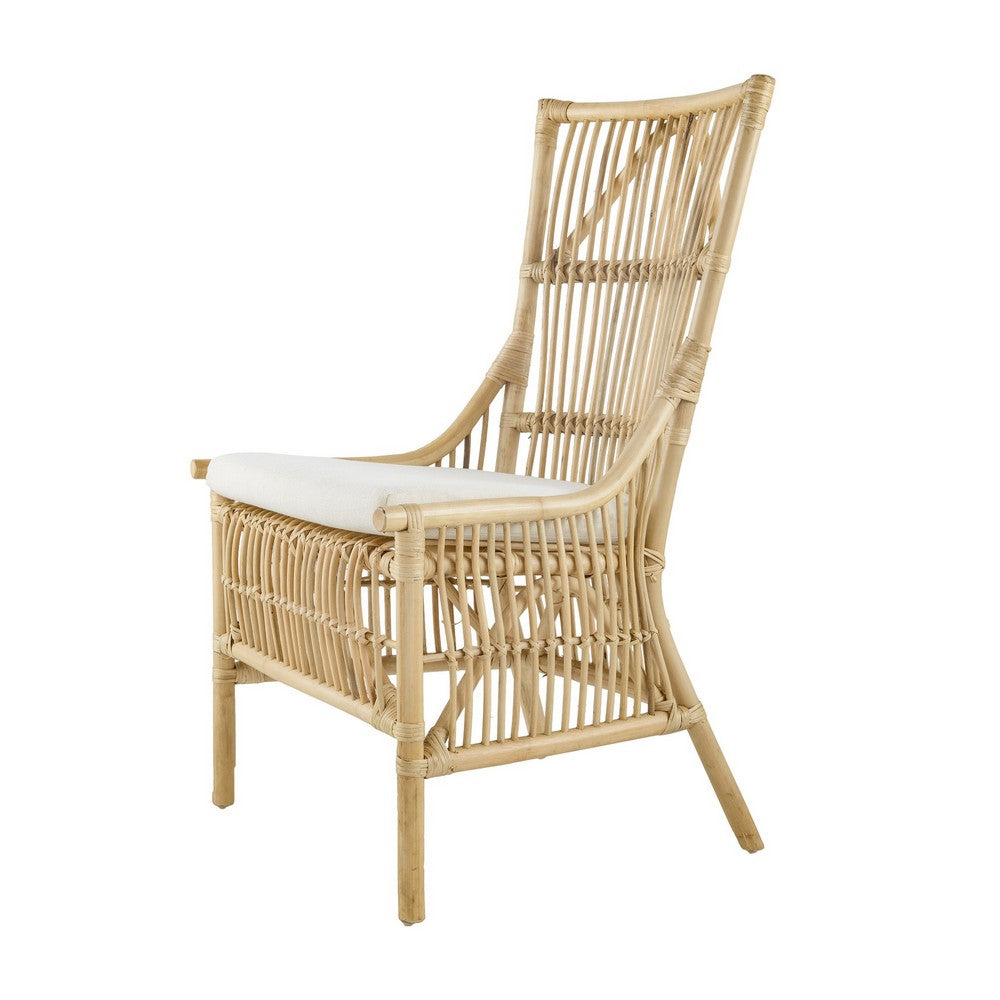 BENZARA 23 Inch Rattan Dining Side Chair, Soft Padded Seat, Natural Brown, White - BM285041