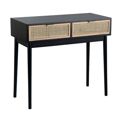 BENZARA Ela 35 Inch 2 Drawer Wood Console Table, Woven Rattan Panels, Brown, Black - BM285044