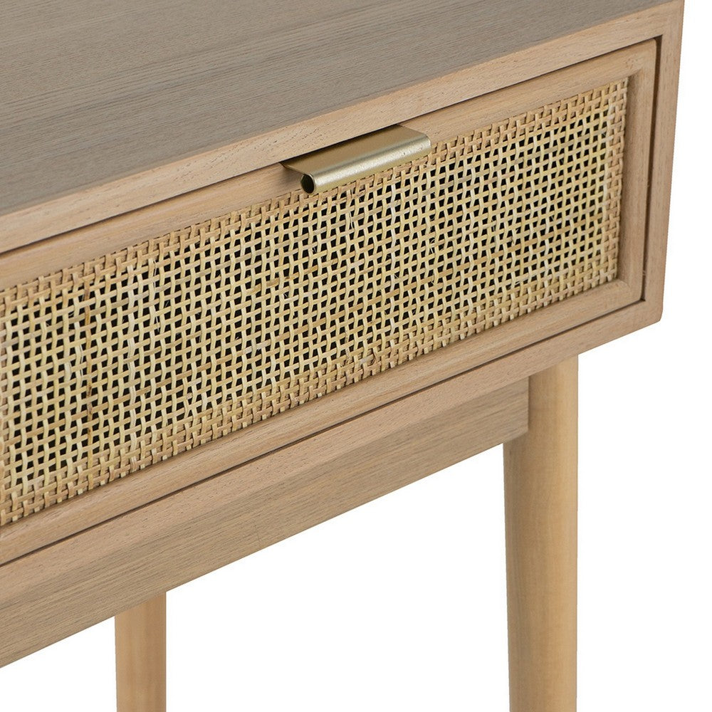 BENZARA Ela 35 Inch 2 Drawer Wood Console Table, Woven Rattan Panels, Natural Brown - BM285045
