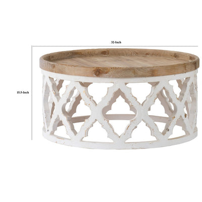 BENZARA Ode 32 Inch Coffee Table, Round, Quatrefoil Lattice Design, Brown, White - BM285117