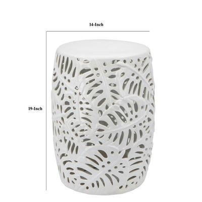 BENZARA 19 Inch Stool Table, Round Drum, Ceramic, Palm Leaf Design, Glossy White - BM285126