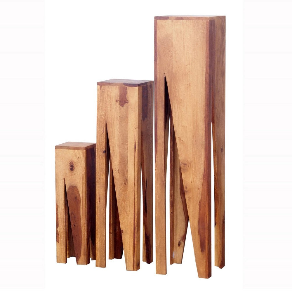 BENZARA 45, 34, 22 Inch Pedestal Table Stand, Set of 3, V Cut Sheesham Wood, Brown - BM285402