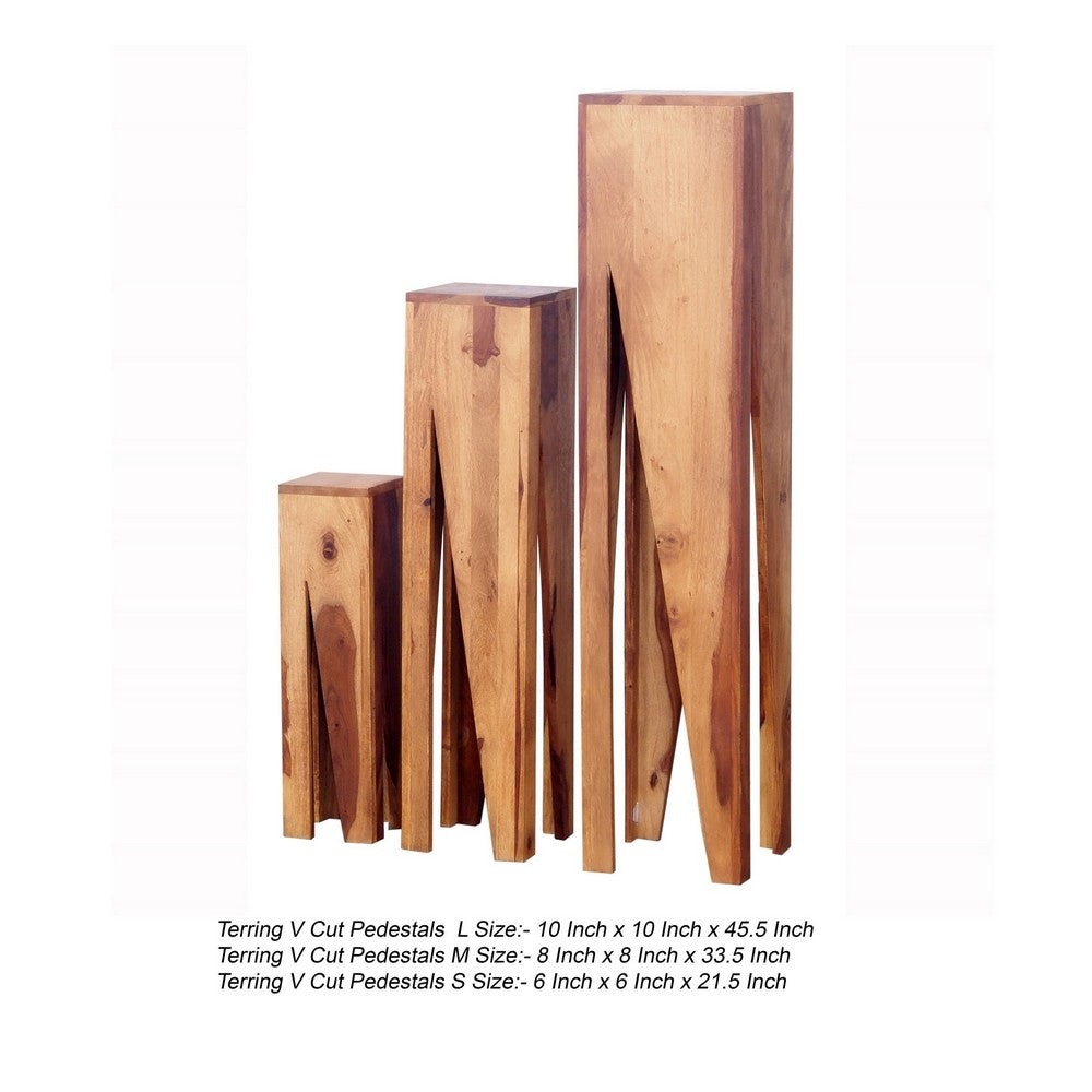 BENZARA 45, 34, 22 Inch Pedestal Table Stand, Set of 3, V Cut Sheesham Wood, Brown - BM285402