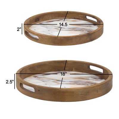 BENZARA 18, 15 Inch Round Decorative Tray, Marble Effect, Brown Fir Wood Frame - BM286373