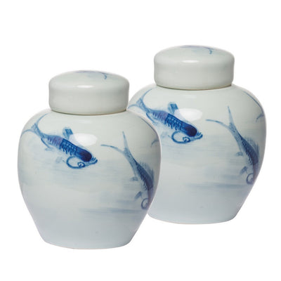 BENZARA 8 Inch Lidded Ginger Jar, Painted Koi Fish, White Blue Porcelain, Set of 2 - BM286405