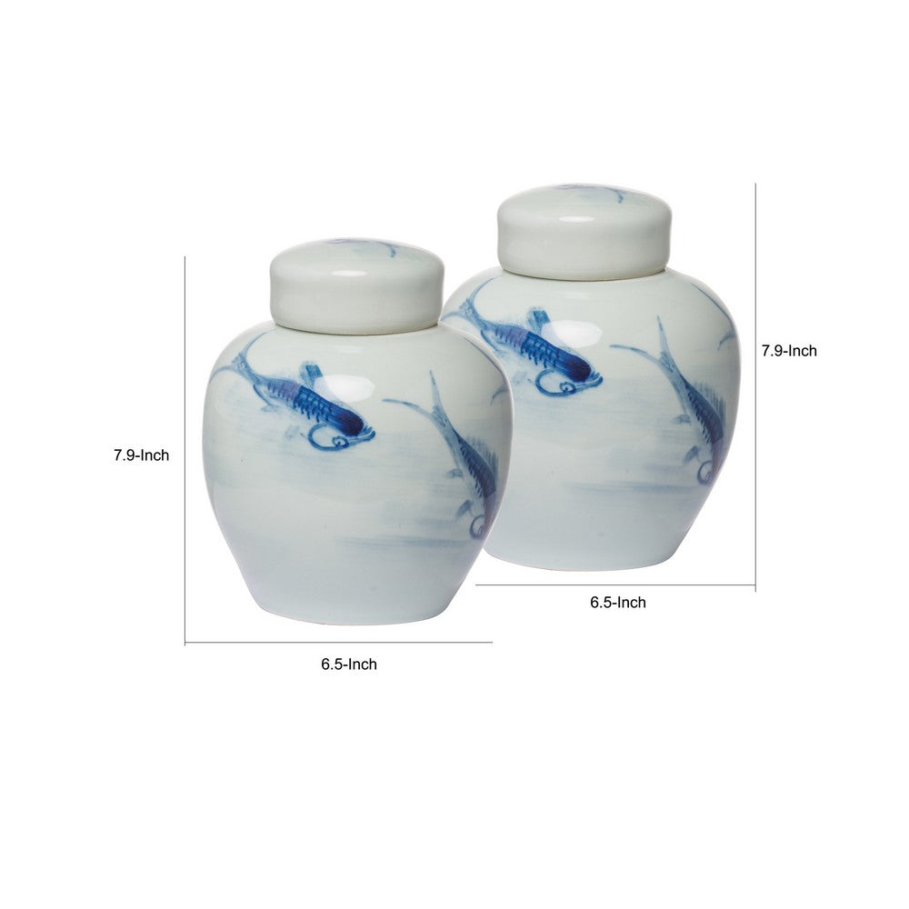 BENZARA 8 Inch Lidded Ginger Jar, Painted Koi Fish, White Blue Porcelain, Set of 2 - BM286405