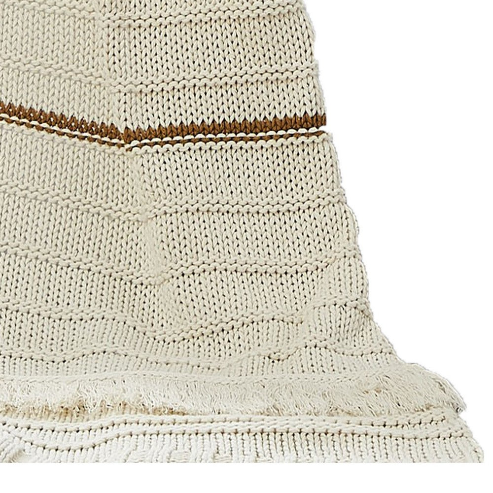 BENZARA Kai 50 x 70 Throw Blanket with Fringes, Soft Knitted Cotton, Ivory, Gold - BM287506