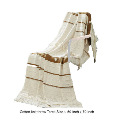 BENZARA Kai 50 x 70 Throw Blanket with Fringes, Soft Knitted Cotton, Ivory, Gold - BM287506