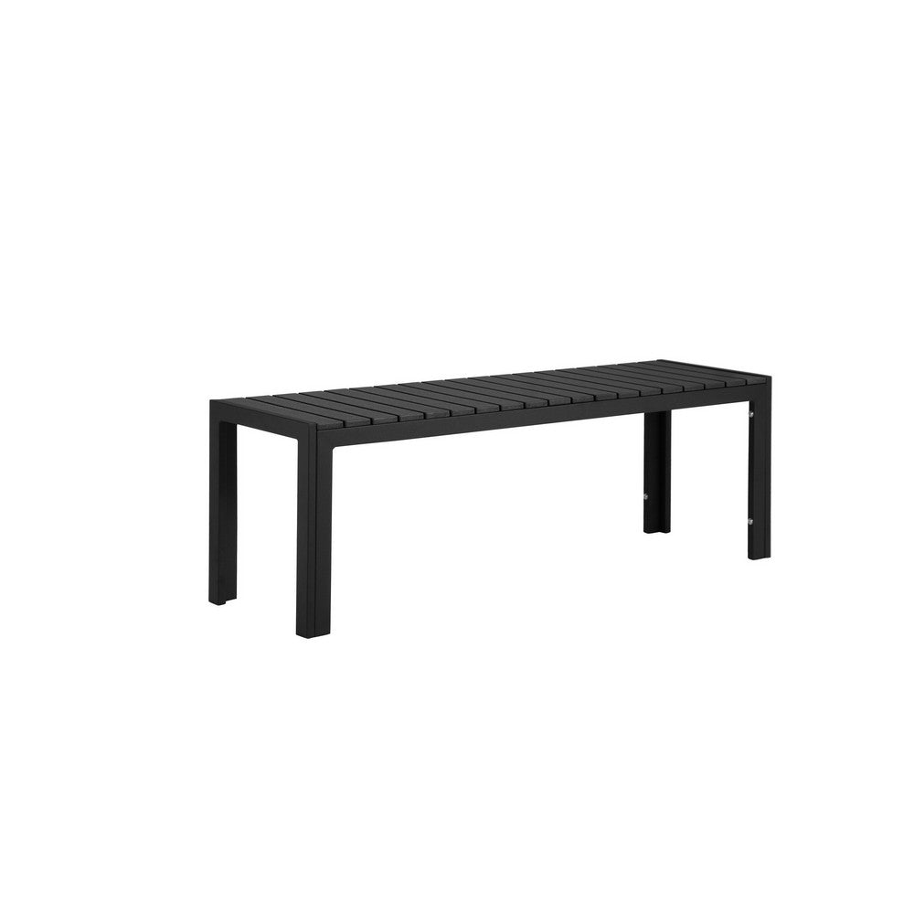 BENZARA Theo 53 Inch Outdoor Bench, Black Aluminum Frame, Plank Style Seat Surface - BM287727