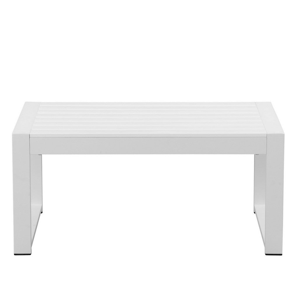 BENZARA Lark 35 Inch Outdoor Coffee Table, White Aluminum Frame, Polyresin Top - BM287801