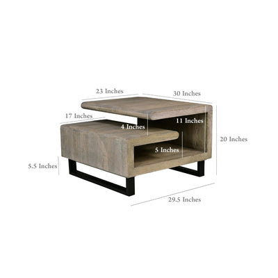 BENZARA 30 Inch Handcrafted Geometric G Coffee Table, Weathered Gray Mango Wood Frame, Black Powder Coated Base - UPT-270551