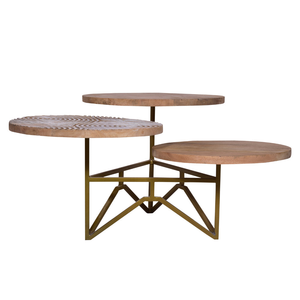 BENZARA Ally 33 Inch Modern Round Coffee Table, 3 Tier Design, Washed and Carved, Natural Mango Wood, Gold Frame - UPT-272537
