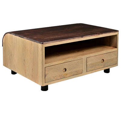 BENZARA 36 Inch Modern Mango Wood Coffee Table, Drip Design Walnut Brown Surface, Oak White Frame - UPT-272892