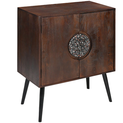 BENZARA 37 Inch 2 Door Mango Wood Sideboard Cabinet, Terrazzo Stone, Sandblasted Red Oak Finish, Black Legs - UPT-274765