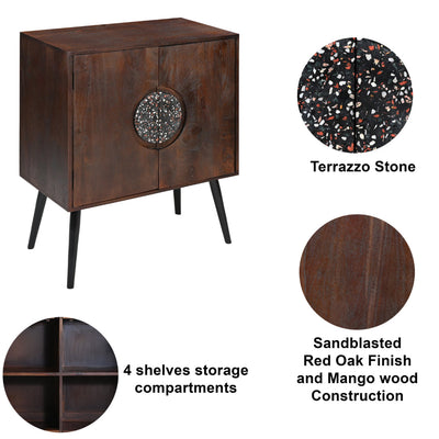 BENZARA 37 Inch 2 Door Mango Wood Sideboard Cabinet, Terrazzo Stone, Sandblasted Red Oak Finish, Black Legs - UPT-274765