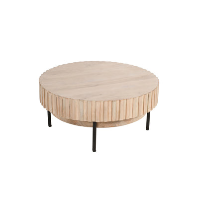 BENZARA 36 Inch Modern Handcrafted Round Coffee Table, Oak White Wood Top with Grooved Edges, Black Iron Legs - UPT-293347