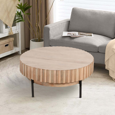 BENZARA 36 Inch Modern Handcrafted Round Coffee Table, Oak White Wood Top with Grooved Edges, Black Iron Legs - UPT-293347