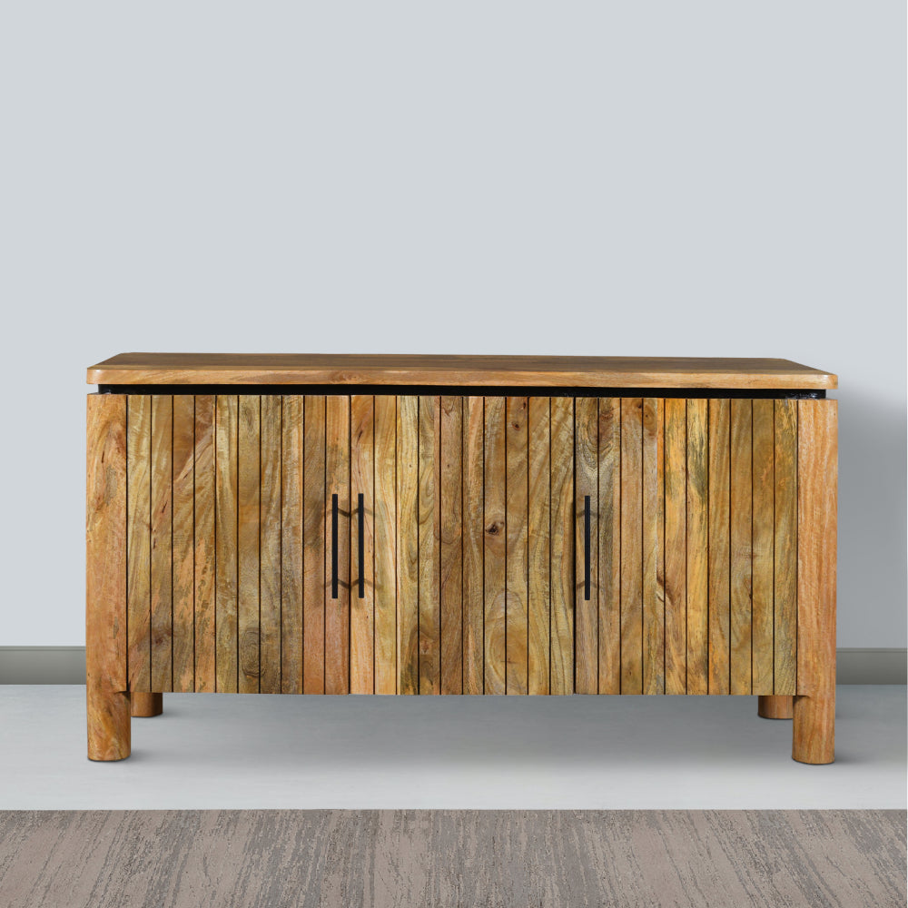 BENZARA 54 Inch Sideboard Console with 3 Grooved Cabinet Doors, Iron Handles, Natural Brown Mango Wood  - UPT-293351