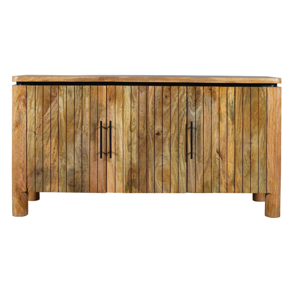 BENZARA 54 Inch Sideboard Console with 3 Grooved Cabinet Doors, Iron Handles, Natural Brown Mango Wood  - UPT-293351