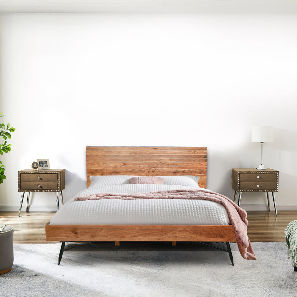 BENZARA Bree Modern Rustic King Size Platform Bed, Brown Acacia Wood Frame, Black Metal Angled Legs - UPT-293425