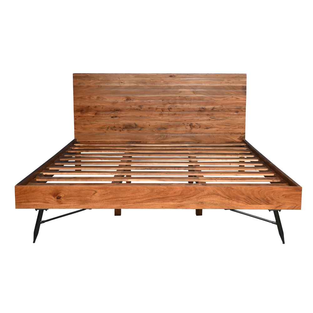 BENZARA Bree Modern Rustic Queen Size Platform Bed, Brown Acacia Wood Frame, Black Metal Angled Legs - UPT-293426