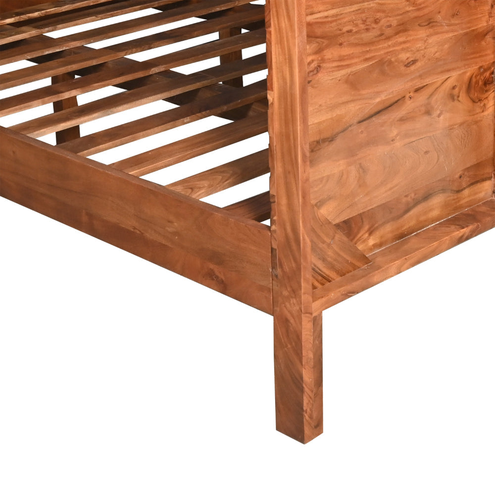 BENZARA Bree Modern Rustic Queen Size Platform Bed, Brown Acacia Wood Frame, Black Metal Angled Legs - UPT-293426