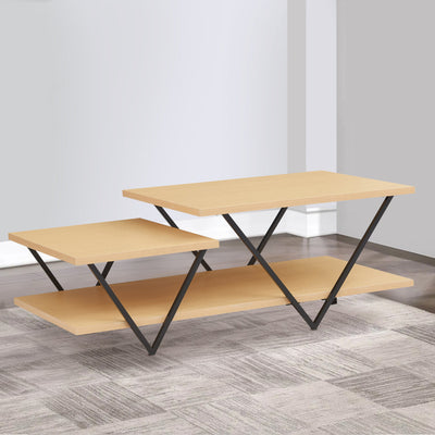 BENZARA 48 Inch 2 Tier Top Coffee Table with Bottom Shelf, V Shape Black Metal Legs, Light Maple Wood - UPT-294327