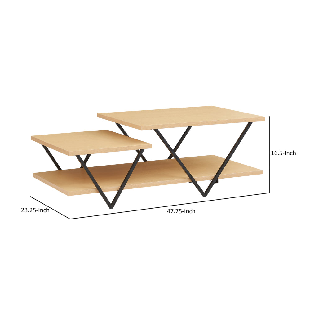 BENZARA 48 Inch 2 Tier Top Coffee Table with Bottom Shelf, V Shape Black Metal Legs, Light Maple Wood - UPT-294327