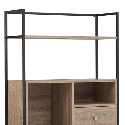 BENZARA 66 Inch 3 Tier Etagere Bookcase with Open Compartment, Cabinet, Black Metal Frame, Light Natural Brown - UPT-294328