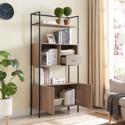 BENZARA 66 Inch 3 Tier Etagere Bookcase with Open Compartment, Cabinet, Black Metal Frame, Light Natural Brown - UPT-294328