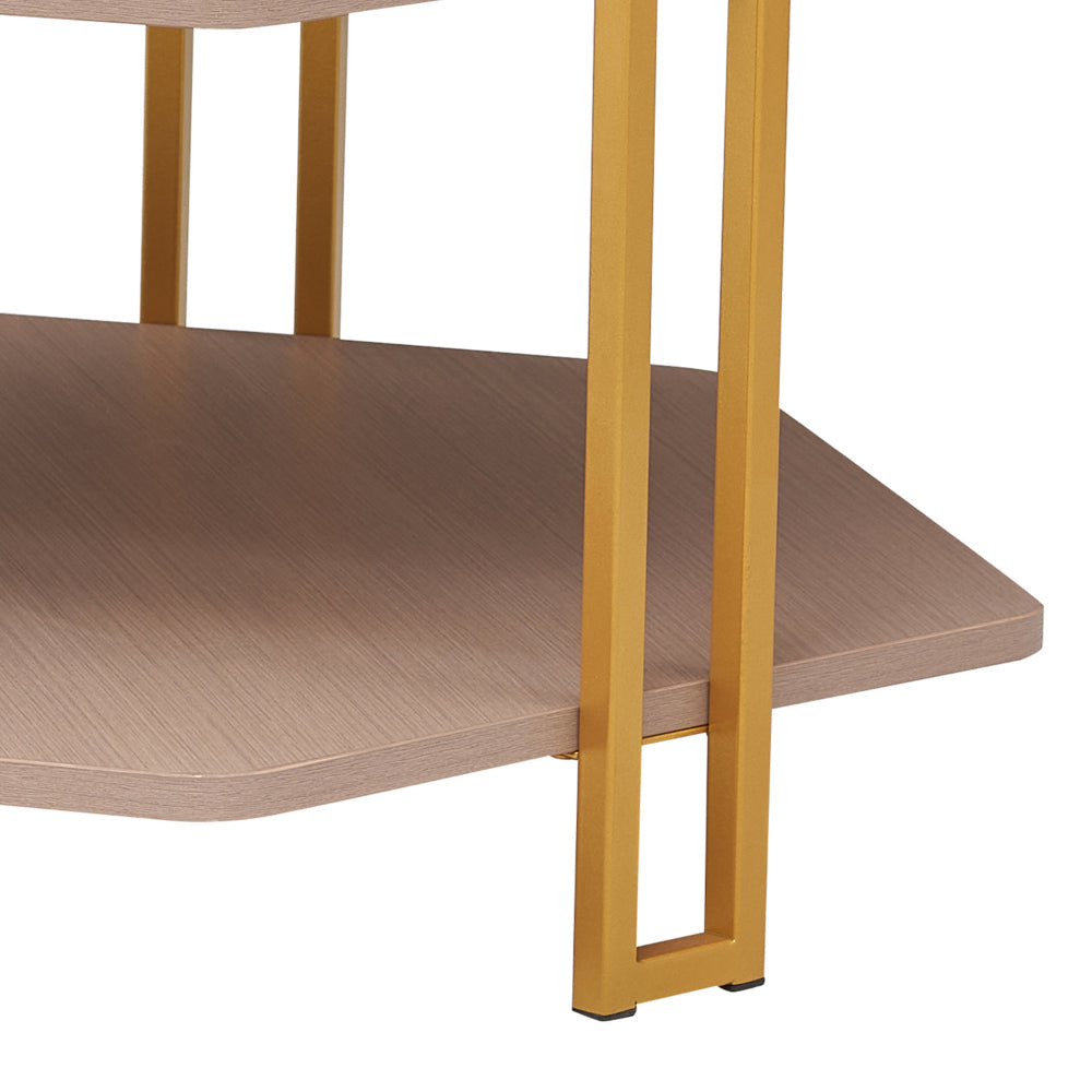 BENZARA 36 Inch Hexagonal Modern Coffee Table, Wood Top and Shelf, Gold Metal Legs - UPT-294329