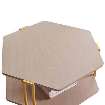 BENZARA 36 Inch Hexagonal Modern Coffee Table, Wood Top and Shelf, Gold Metal Legs - UPT-294329