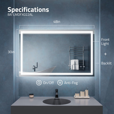 ANZZI 30-in. x 48-in. Frameless LED Front/Back Light Bathroom Mirror w/Defogger BA-LMDFX022AL
