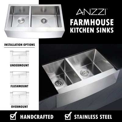 ANZZI ELYSIAN Series 33 in. Farm House 40/60 Dual Basin Handmade Stainless Steel Kitchen Sink K-AZ3320-4B