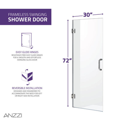 ANZZI Fellow Series 30 in. by 72 in. Frameless Hinged Shower Door with Handle SD-AZ09-02CH