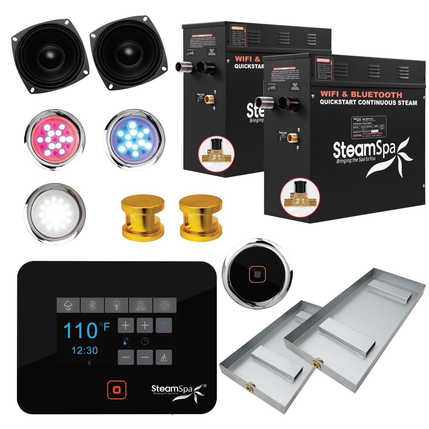Steam Shower Generator Kit System | Gold + Self Drain Combo| Enclosure Steamer Sauna Spa Stall Package|Touch Screen Wifi App/Bluetooth Control Panel |2x 7.5 kW Raven | RVB1500GD-A