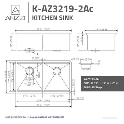 ANZZI Aegis Undermount Stainless Steel 32.75 in. 0-Hole 50/50 Double Bowl Kitchen Sink with Cutting Board and Colander K-AZ3219-2Ac