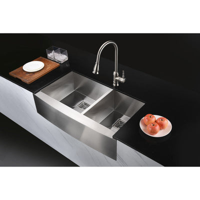 ANZZI Elysian Farmhouse Stainless Steel 33 in. 0-Hole 60/40 Double Bowl Kitchen Sink in Brushed Satin K-AZ3320-4AS