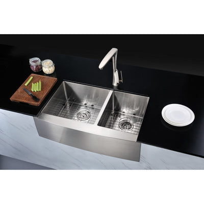 ANZZI Elysian Farmhouse Stainless Steel 33 in. 0-Hole 60/40 Double Bowl Kitchen Sink in Brushed Satin K-AZ3320-4A