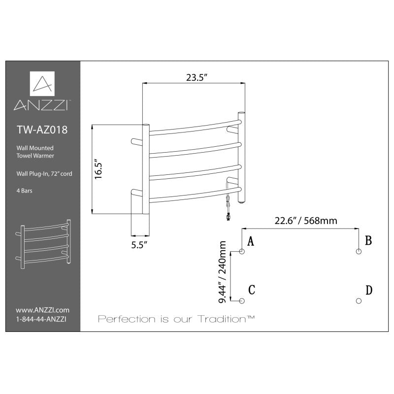 ANZZI Glow 4-Bar Stainless Steel Wall Mounted Towel Warmer TW-AZ018ORB