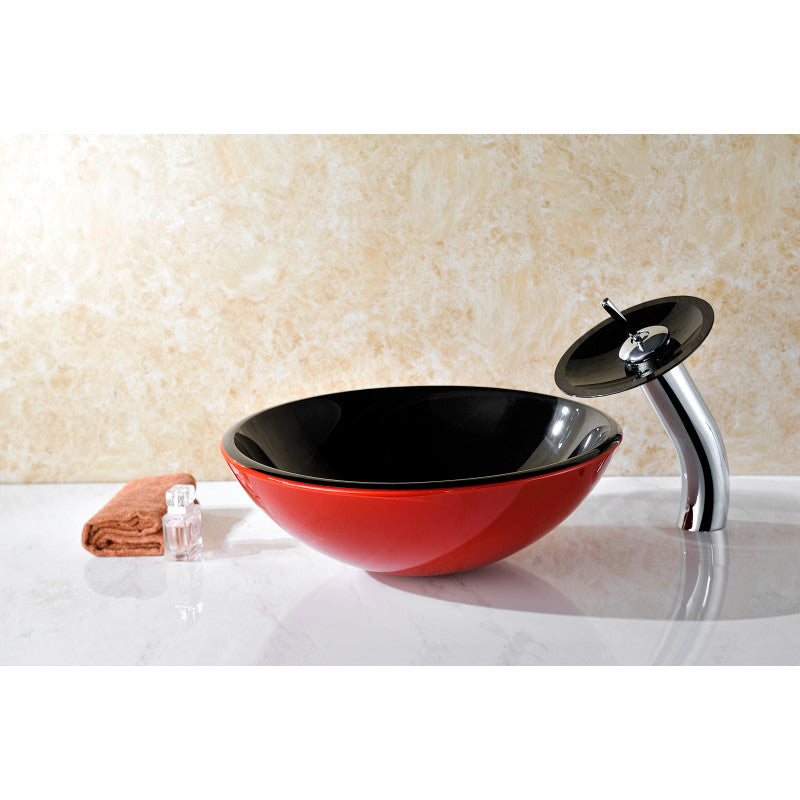 ANZZI Chord Series Deco-Glass Vessel Sink in Lustrous Black and Red with Matching Chrome Waterfall Faucet LS-AZ041
