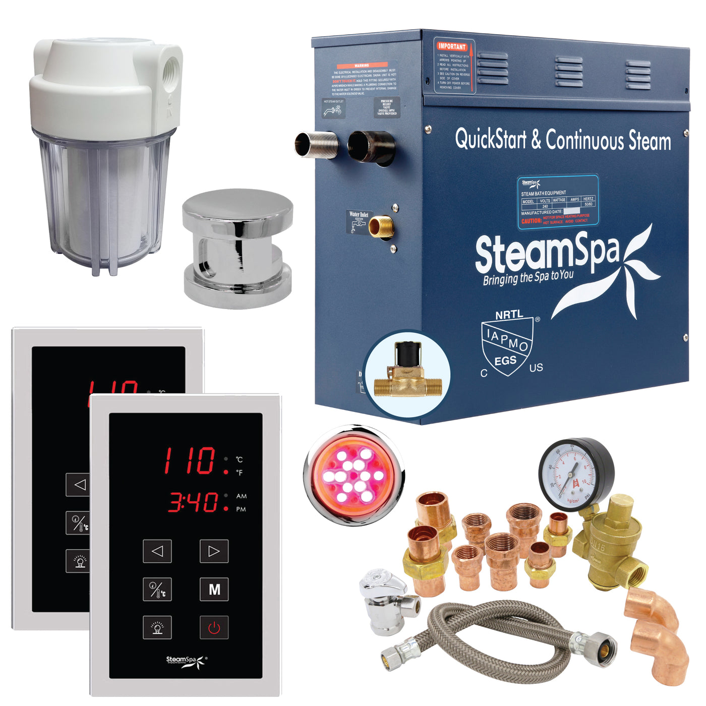 SteamSpa Executive 9 KW QuickStart Acu-Steam Bath Generator Package with Built-in Auto Drain and Install Kit in Gold | Steam Generator Kit with Dual Control Panel Steamhead 240V | EXT900CH-A