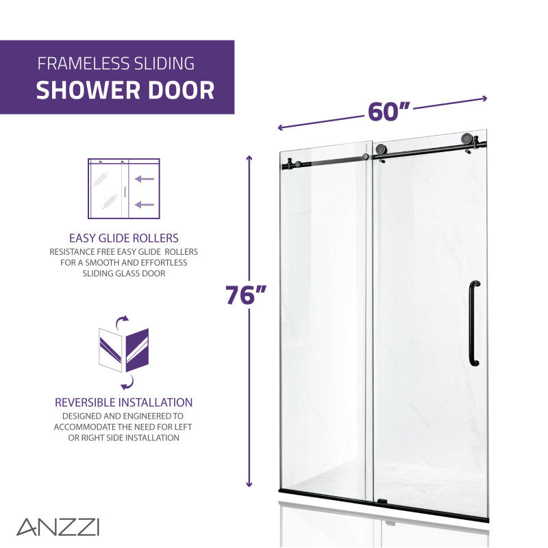 Madam Series 60 in. by 76 in. Frameless Sliding Shower Door in Matte Black with Handle SD-AZ13-02MB