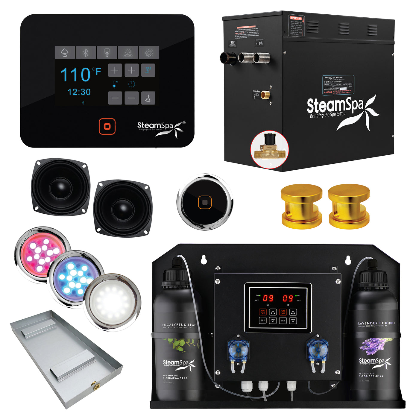 Black Series WiFi and Bluetooth 12kW QuickStart Steam Bath Generator Package with Dual Aroma Pump in Gold BKT1200GD-ADP