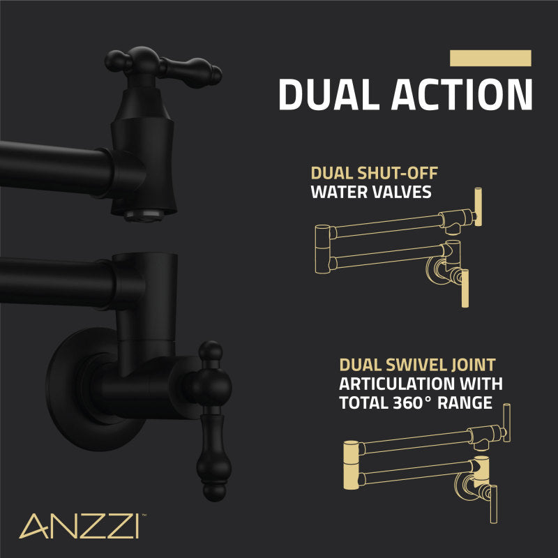 ANZZI Marca 360-Degree 24" Wall Mounted Pot Filler with Dual Swivel KF-AZ259MBBG