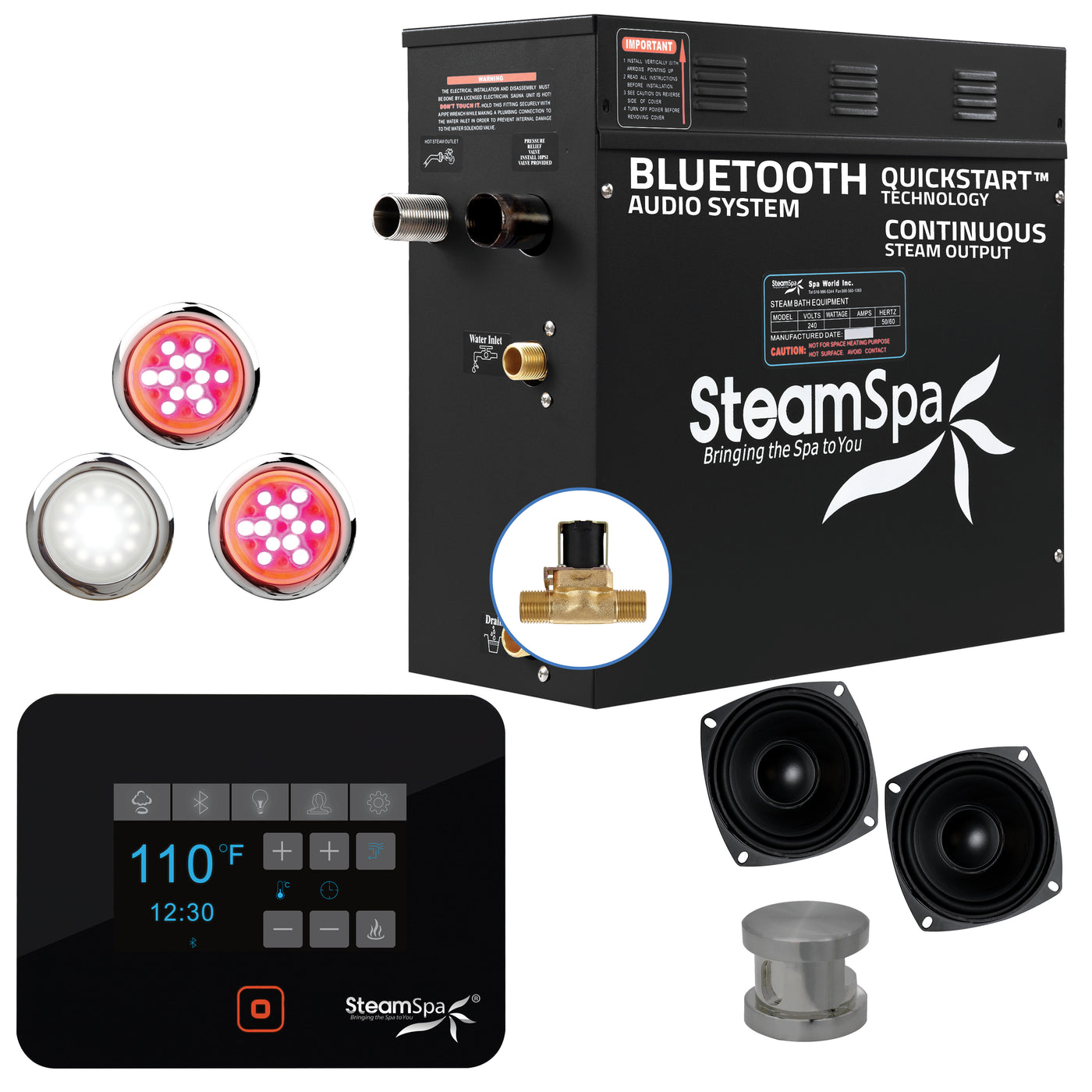 Steam Shower Generator Kit System | Brushed Nickel + Self Drain Combo| Enclosure Steamer Sauna Spa Stall Package|Touch Screen Wifi App/Bluetooth Control Panel |9 kW Raven | SS-RVB900BN-A