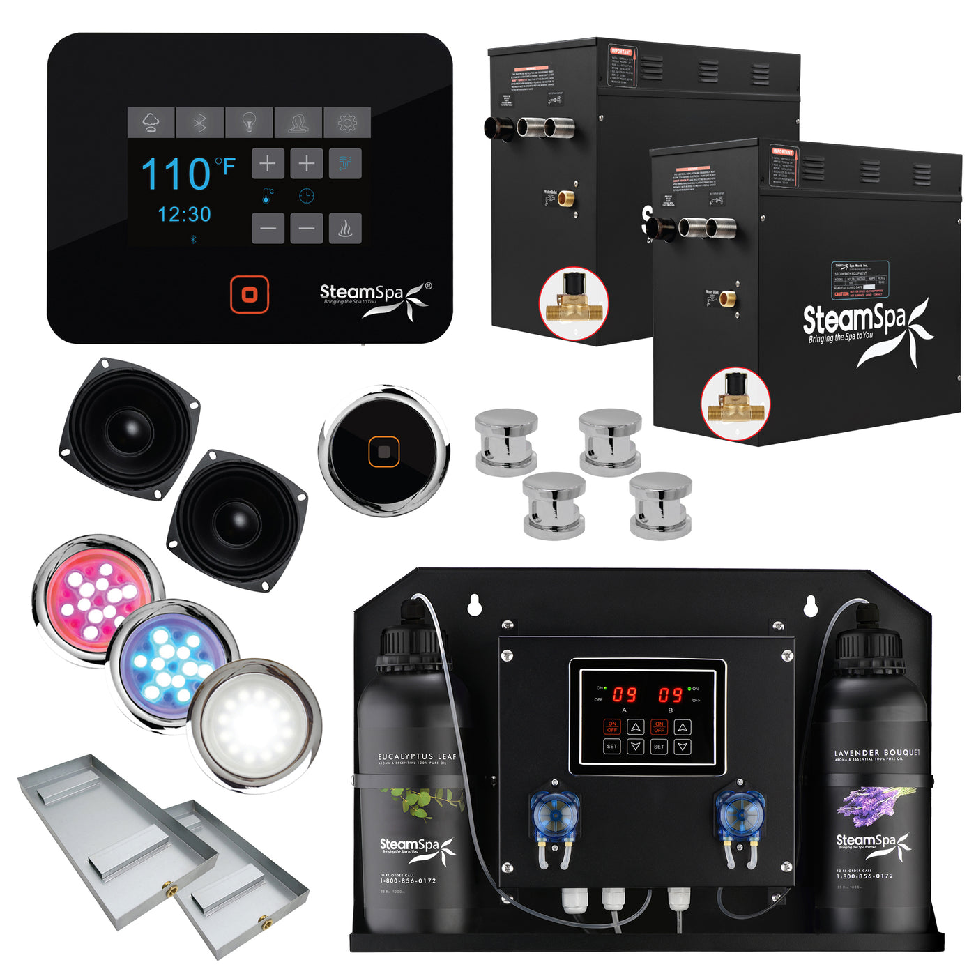 Black Series WiFi and Bluetooth 2 x 12kW QuickStart Steam Bath Generator Package with Dual Aroma Pump in Polished Chrome BKT2400CH-ADP