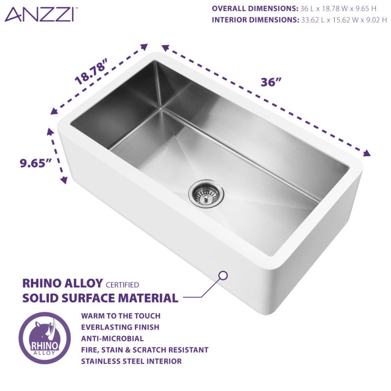 ANZZI Apollo Series Farmhouse Solid Surface 36 in. 0-Hole Single Bowl Kitchen Sink with Stainless Steel Interior K-AZ271-A1